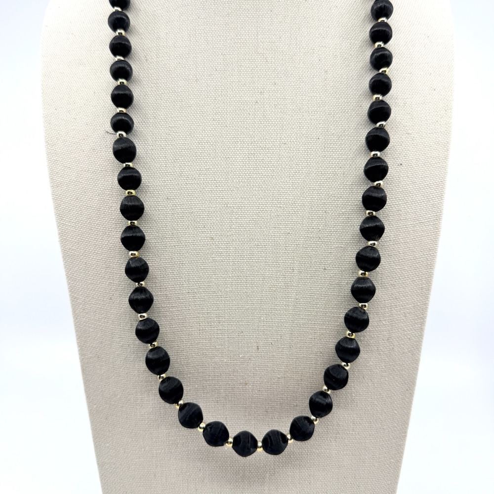Necklace Vintage Black Satin Thread Wrapped Bead Gold Tone Accent Boho Retro 90s